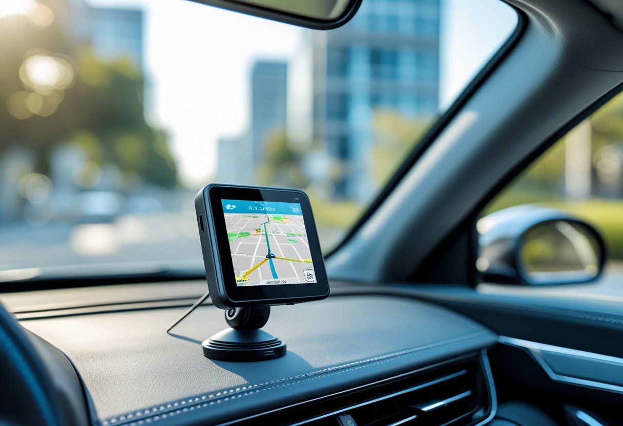 Car interior showing a GPS tracking device with a map on its screen and a blurred city view outside the window.