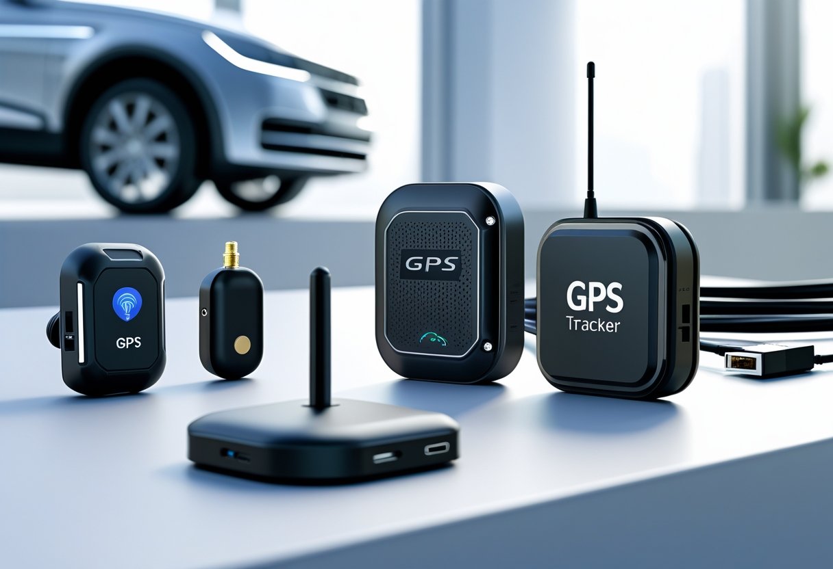 Several different car GPS tracking devices displayed on a clean surface with a blurred background.