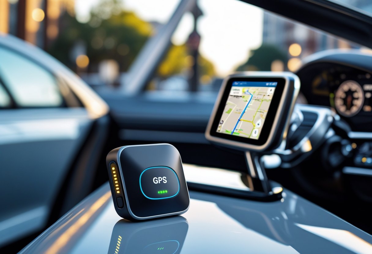 A small GPS tracker device displayed near a modern car with a GPS navigation screen visible on the dashboard.