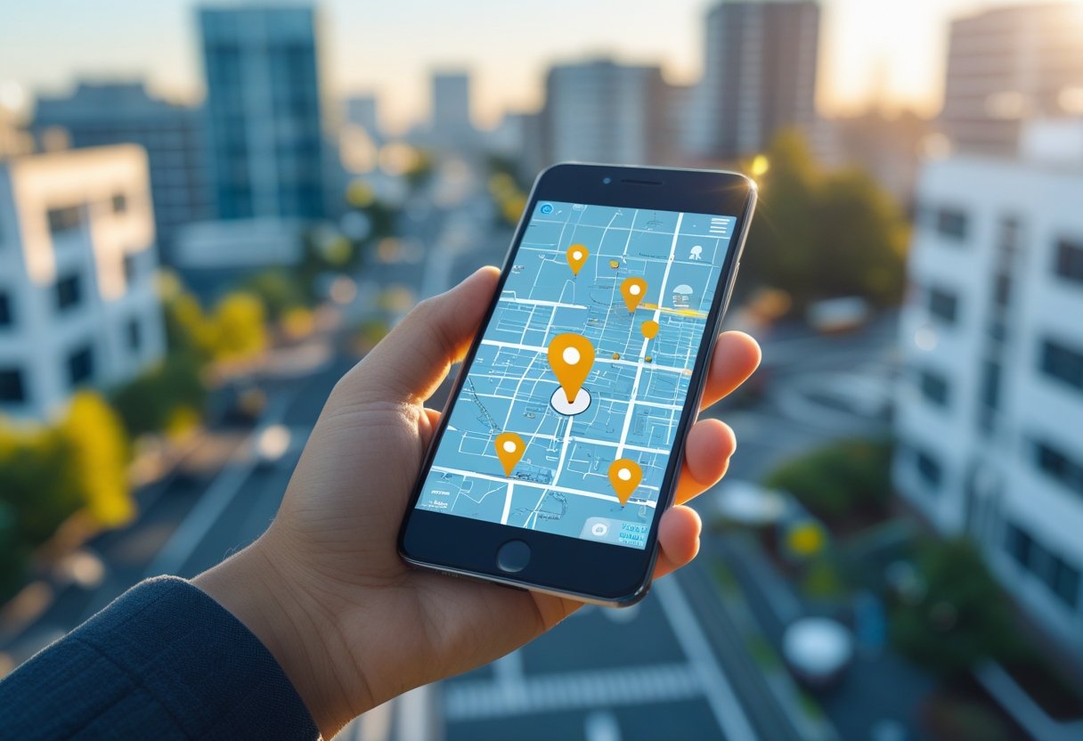 A hand holding a smartphone showing a map with moving location markers, with a cityscape in the background.