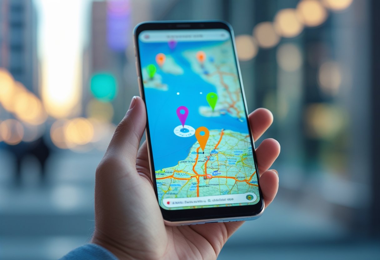 A hand holding a smartphone showing a digital map with multiple location pins and a moving dot indicating live tracking.