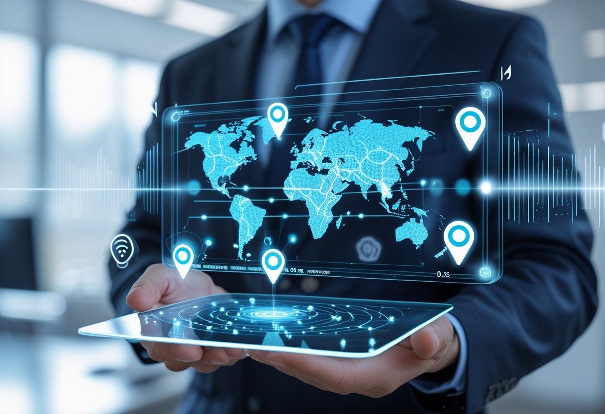 A person holding a transparent touchscreen displaying a digital map with glowing location pins and tracking lines in a modern office setting.