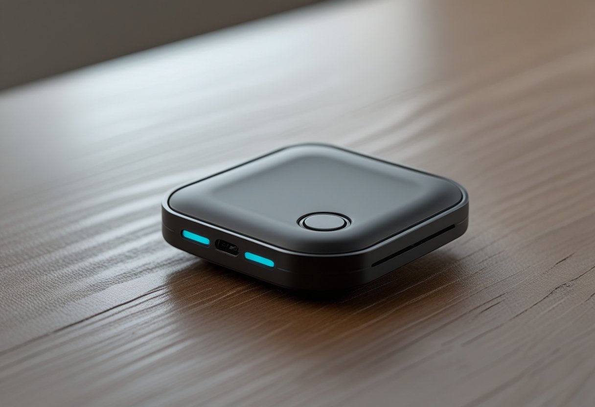 Close-up of a compact GPS tracker tag placed on a wooden surface.