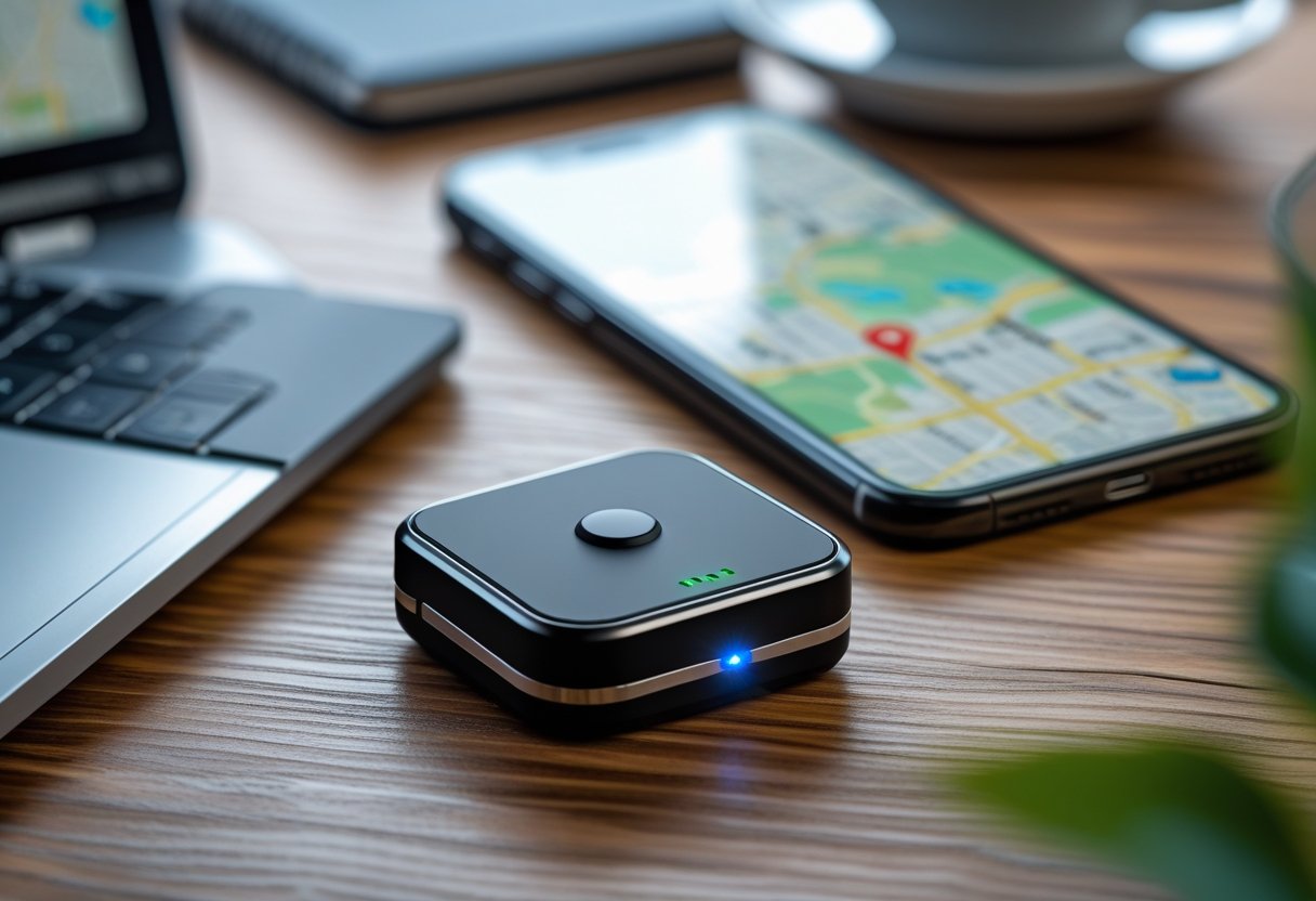 A GPS tracker tag placed on a wooden desk next to a smartphone showing a map, with a laptop and coffee cup in the background.
