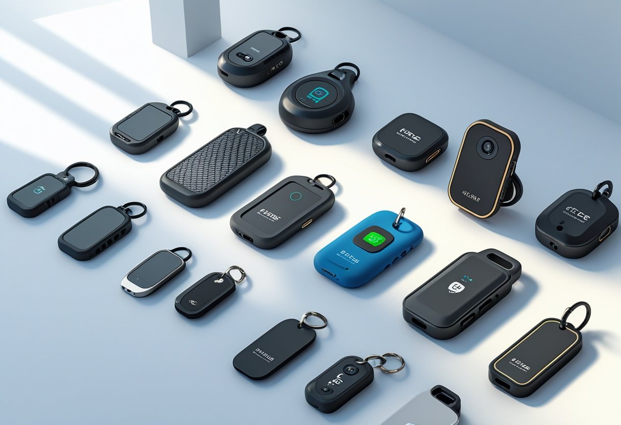 A variety of GPS tracker tags displayed on a white surface, showing different shapes and designs.