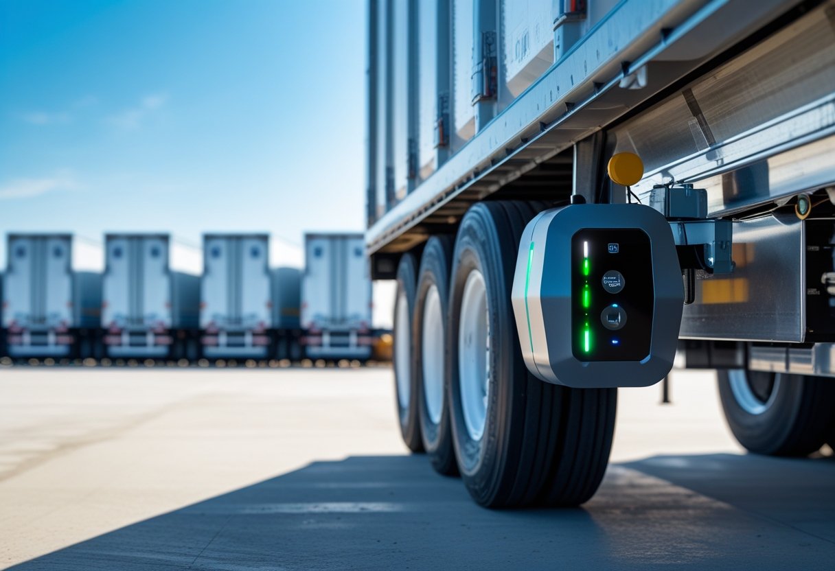 A trailer tracker device attached to the underside of a cargo trailer in an industrial setting with other trailers and a warehouse in the background.