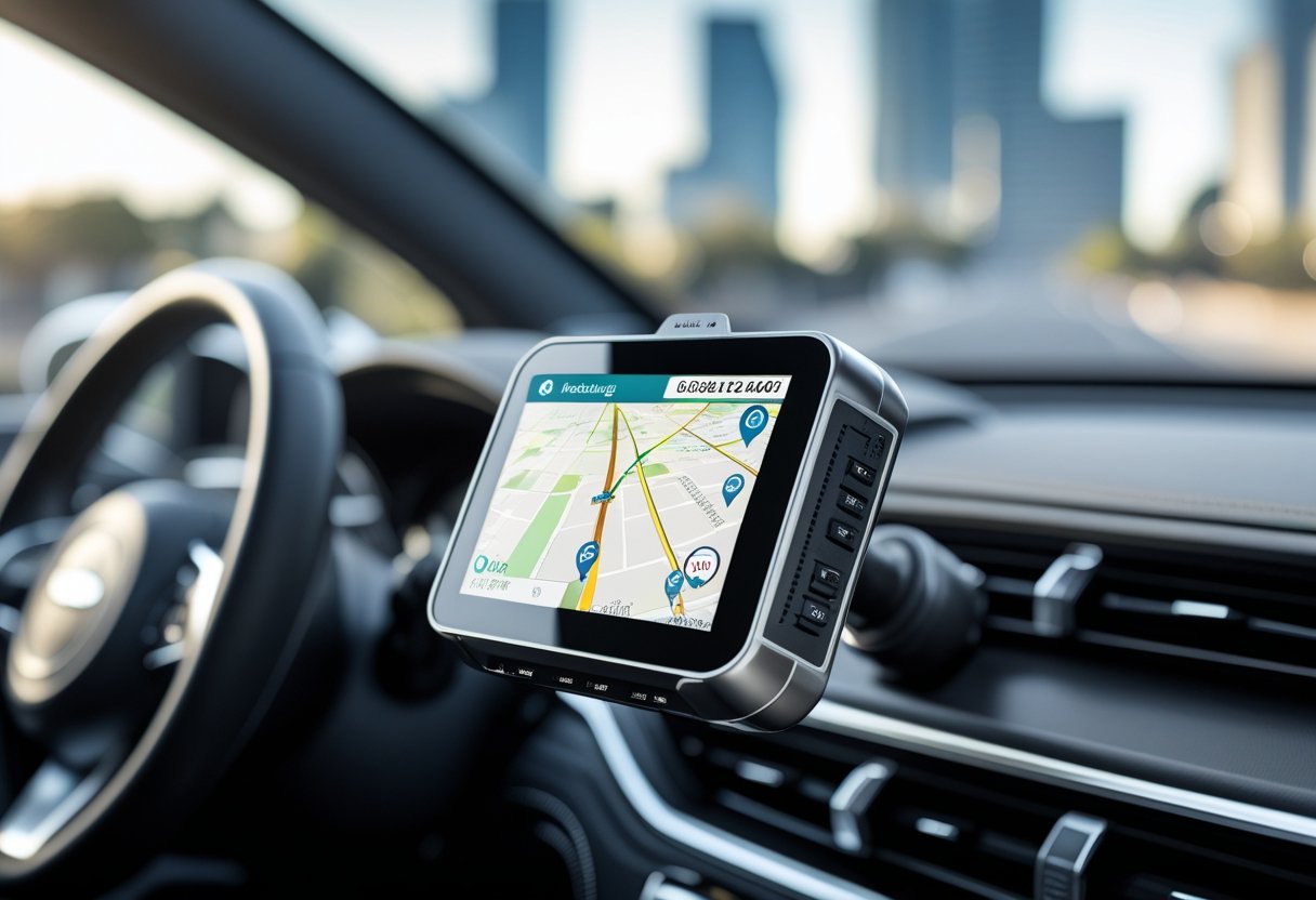 Car dashboard with a GPS tracking device showing a map and location, city visible through the windshield.