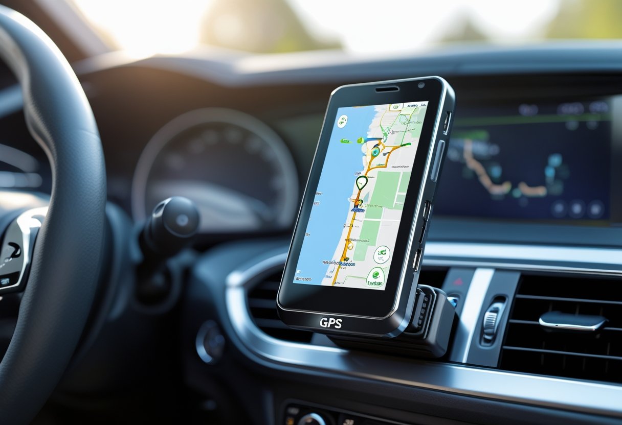 Close-up of a car dashboard showing a GPS tracking device displaying a map and route inside a vehicle.