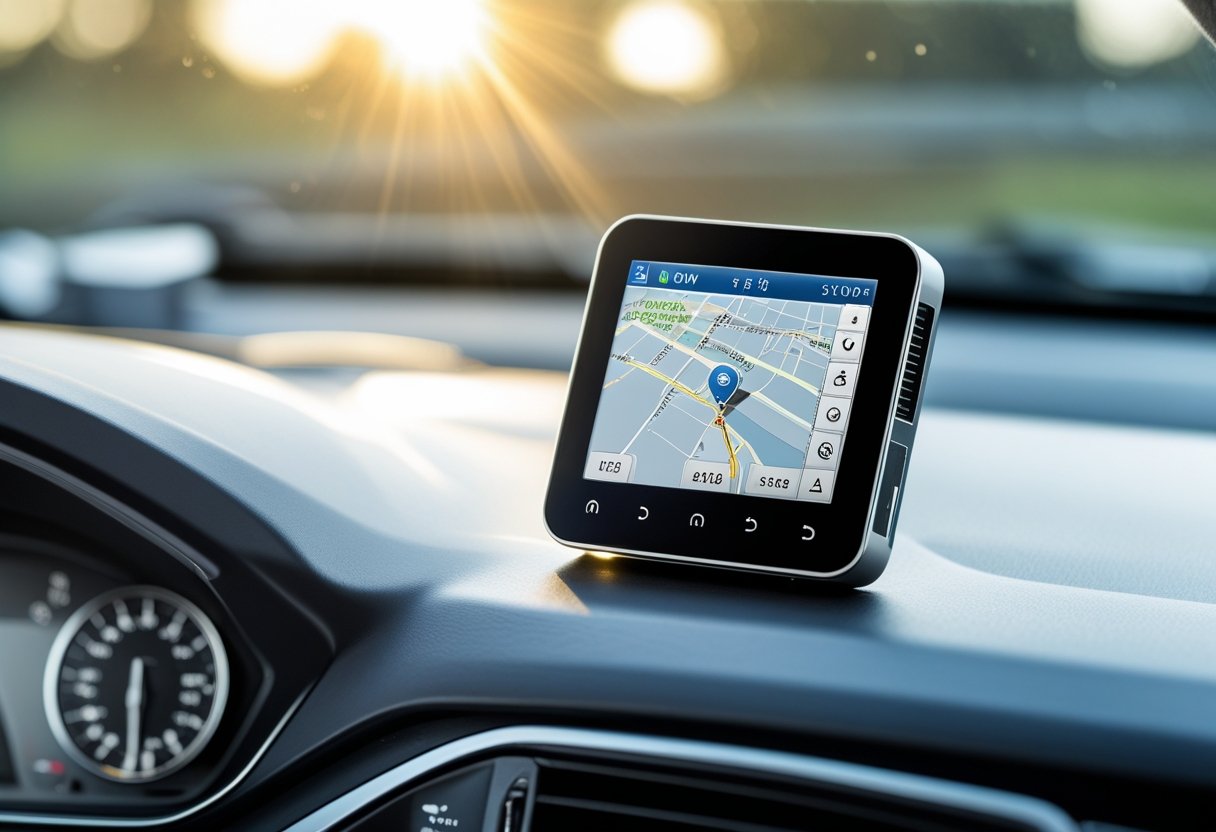 A GPS automobile tracking device placed on a car dashboard showing a map on its screen.