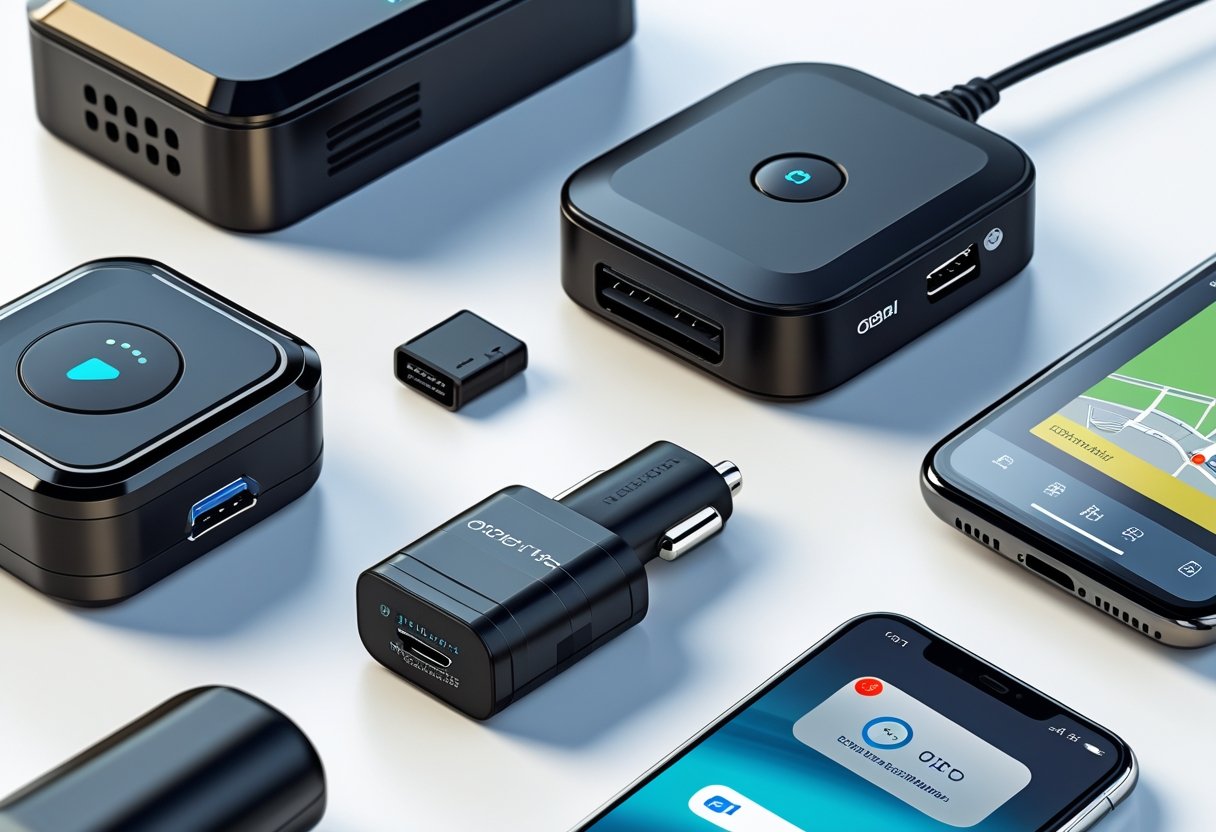 Various types of car tracking devices displayed on a clean surface, including GPS trackers, a magnetic tracker, an OBD-II port tracker, and a smartphone showing a tracking app.
