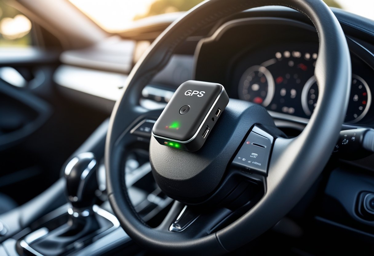 Close-up view of a small car tracking device installed inside a vehicle dashboard with parts of the car interior visible.