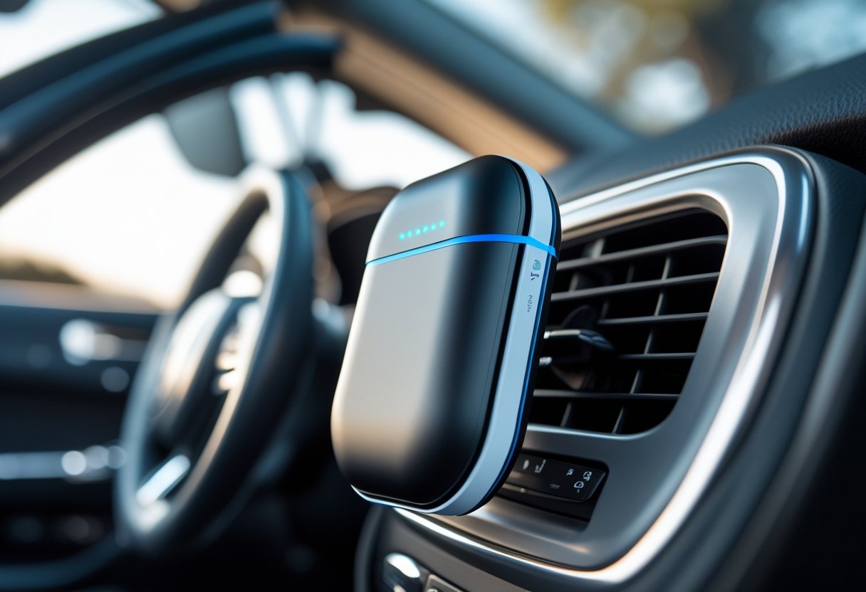 Close-up of a car dashboard showing a GPS tracking device installed inside the vehicle.