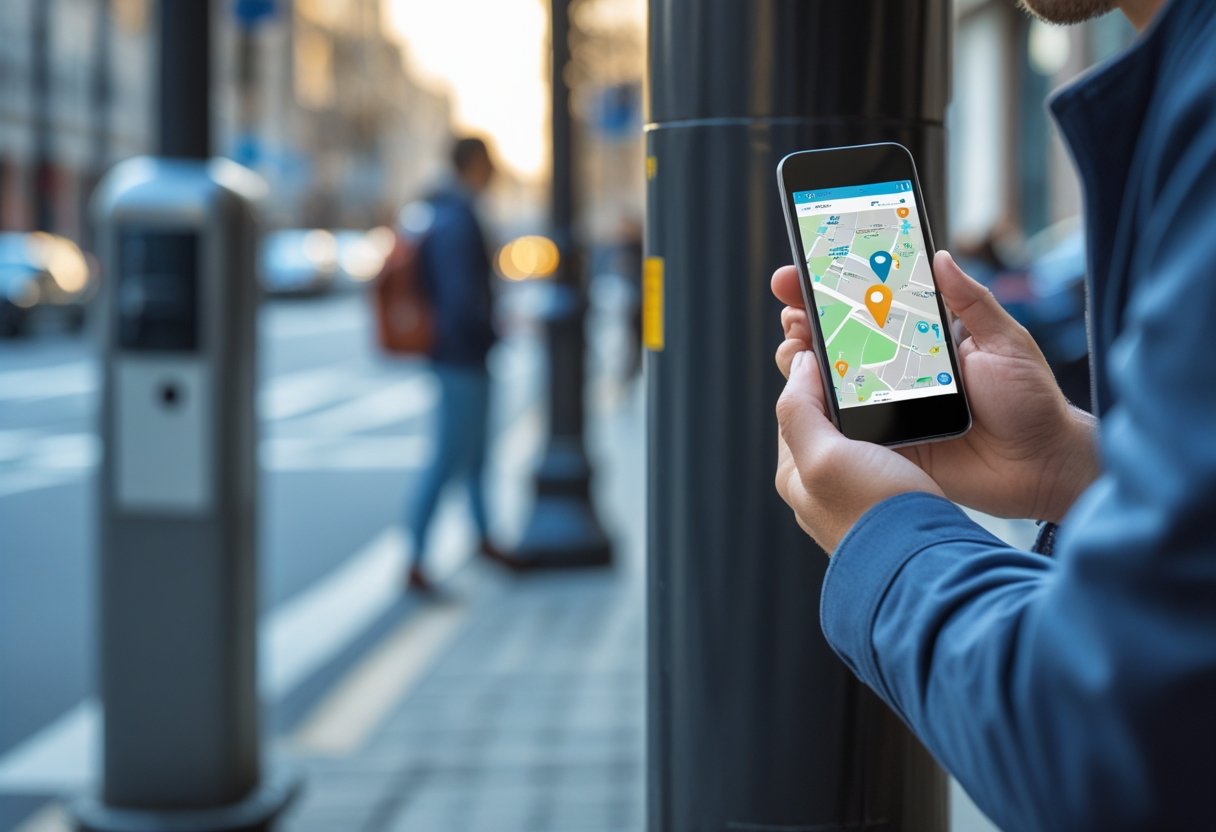 A person discreetly observing another individual on a city street while holding a small tracking device.