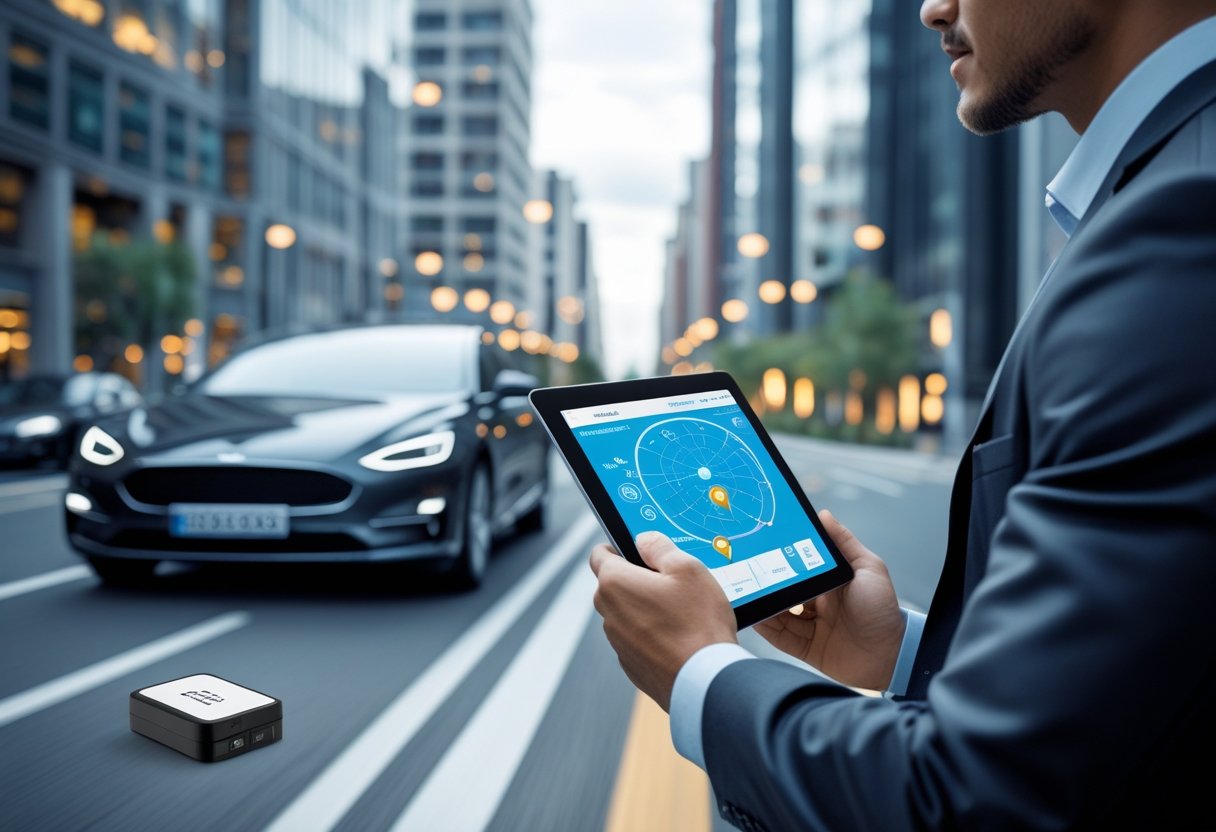 A person monitoring a digital map on a tablet while a car with a small tracking device drives on a city street.