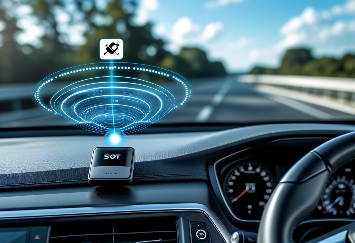 A car dashboard with a GPS tracking device sending signals to a satellite above, showing vehicle tracking in progress.