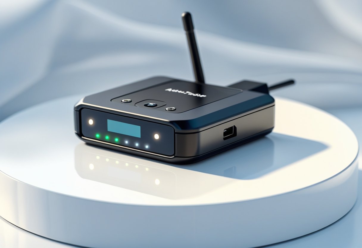 A compact black auto tracker device with a small screen and antenna on a white surface.