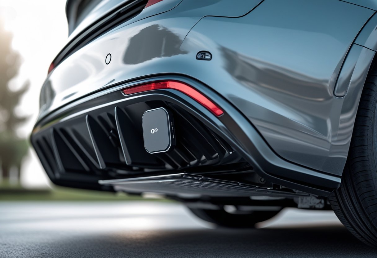 Close-up of a magnetic GPS tracker attached to the underside of a car near the rear bumper.