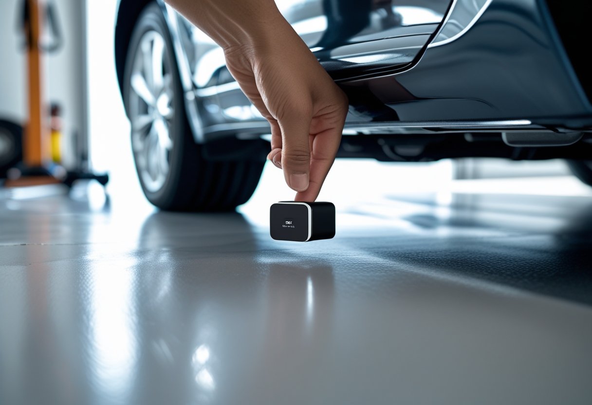 A person placing a magnetic GPS tracker underneath a dark-colored car near the wheel well in a garage.
