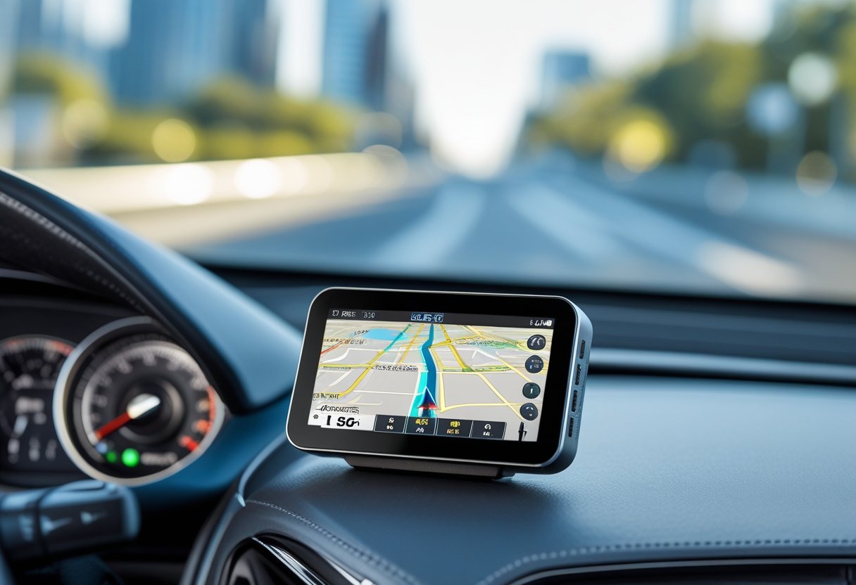 Close-up of a car dashboard with a GPS tracking device displaying a map and route, with a blurred road visible through the windshield.