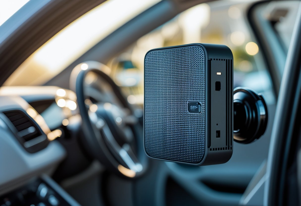 Close-up of a GPS tracking device installed inside a car near the dashboard.