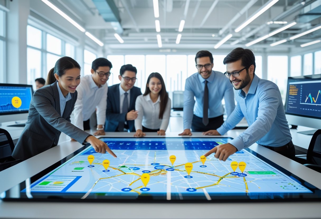 Employees gathered around a digital touchscreen table displaying a map with GPS location pins and routes, with computer monitors showing tracking data in a bright office.