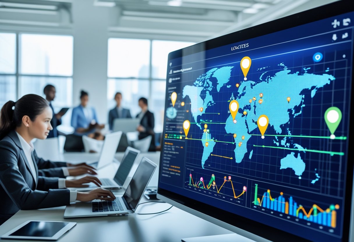 A manager in an office looks at a large digital screen showing a map with location pins and routes while employees work on laptops and tablets nearby.