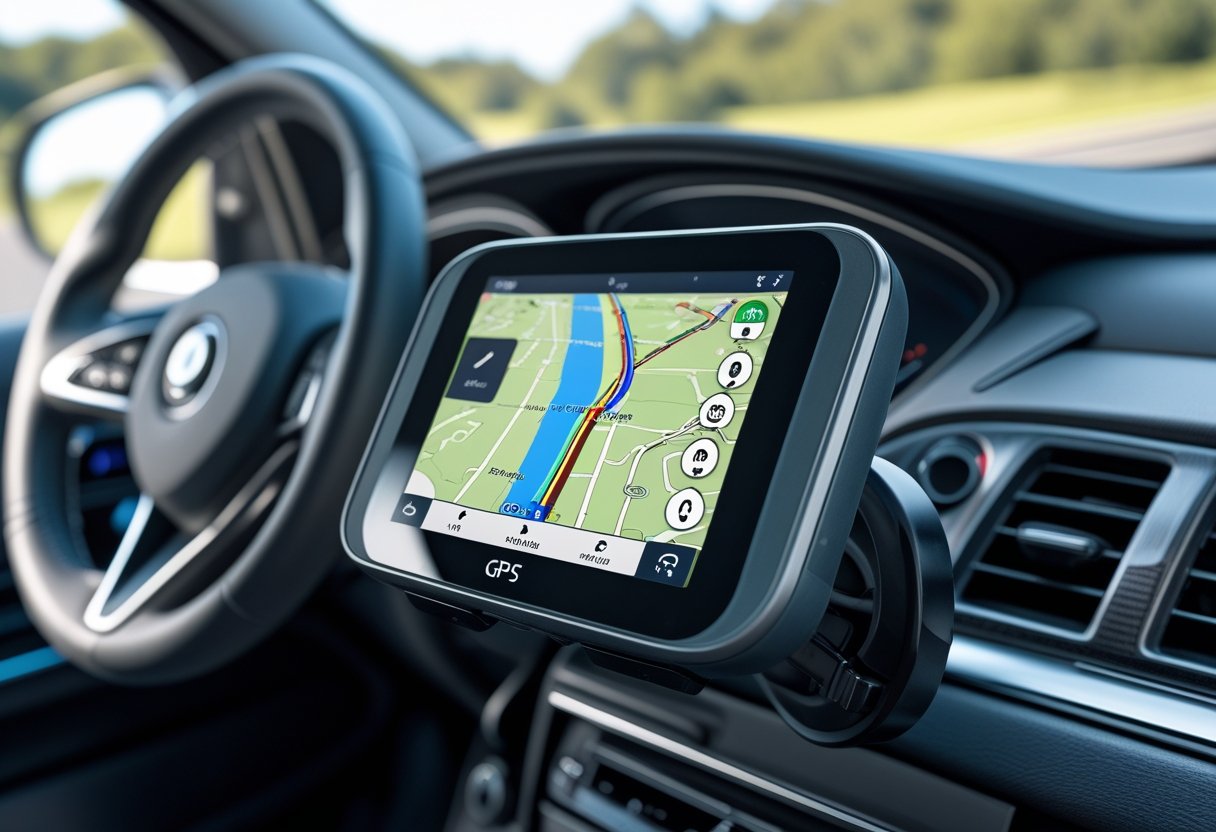 A vehicle GPS device mounted on a car dashboard showing a map with navigation routes.