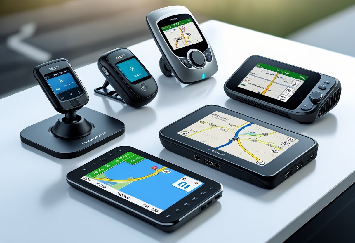 Various types of vehicle GPS devices displayed on a white surface, including car dashboard, handheld, motorcycle, and truck GPS units showing navigation maps.