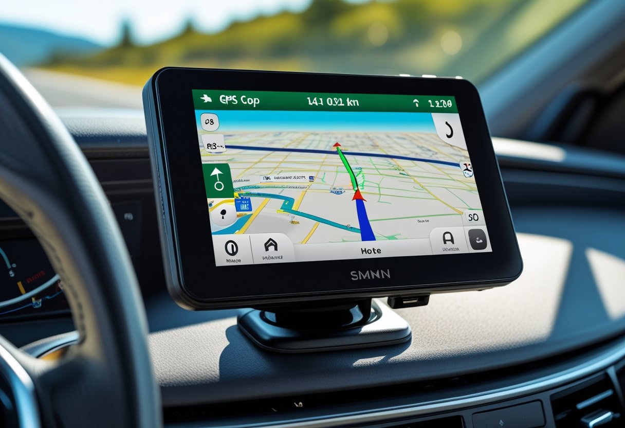 A vehicle GPS device mounted on a car dashboard showing a map and navigation route.