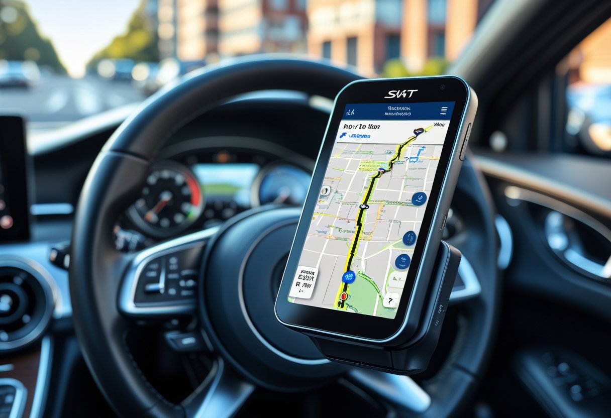 Car interior showing a GPS tracking device on the dashboard with a map displayed, viewed from the driver's seat.