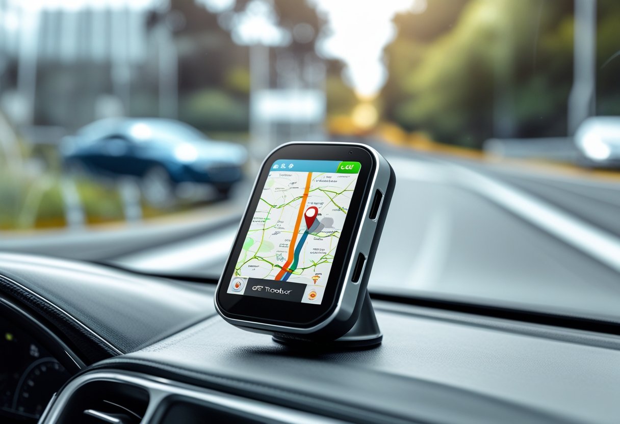 Close-up of a GPS car tracker device on a car dashboard showing a digital map with a route, with a blurred car interior and road visible through the windshield.