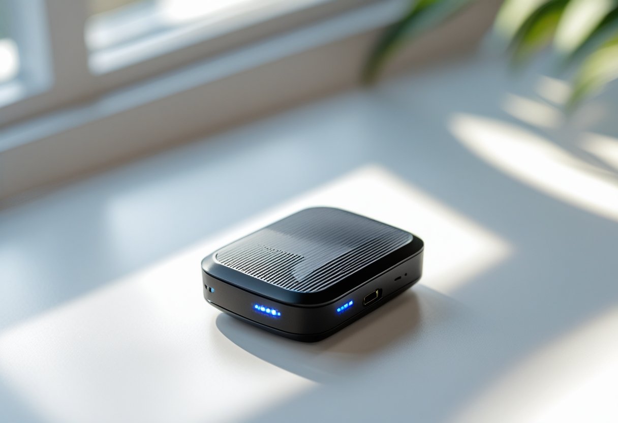 A small black GPS tracker device placed on a white surface.