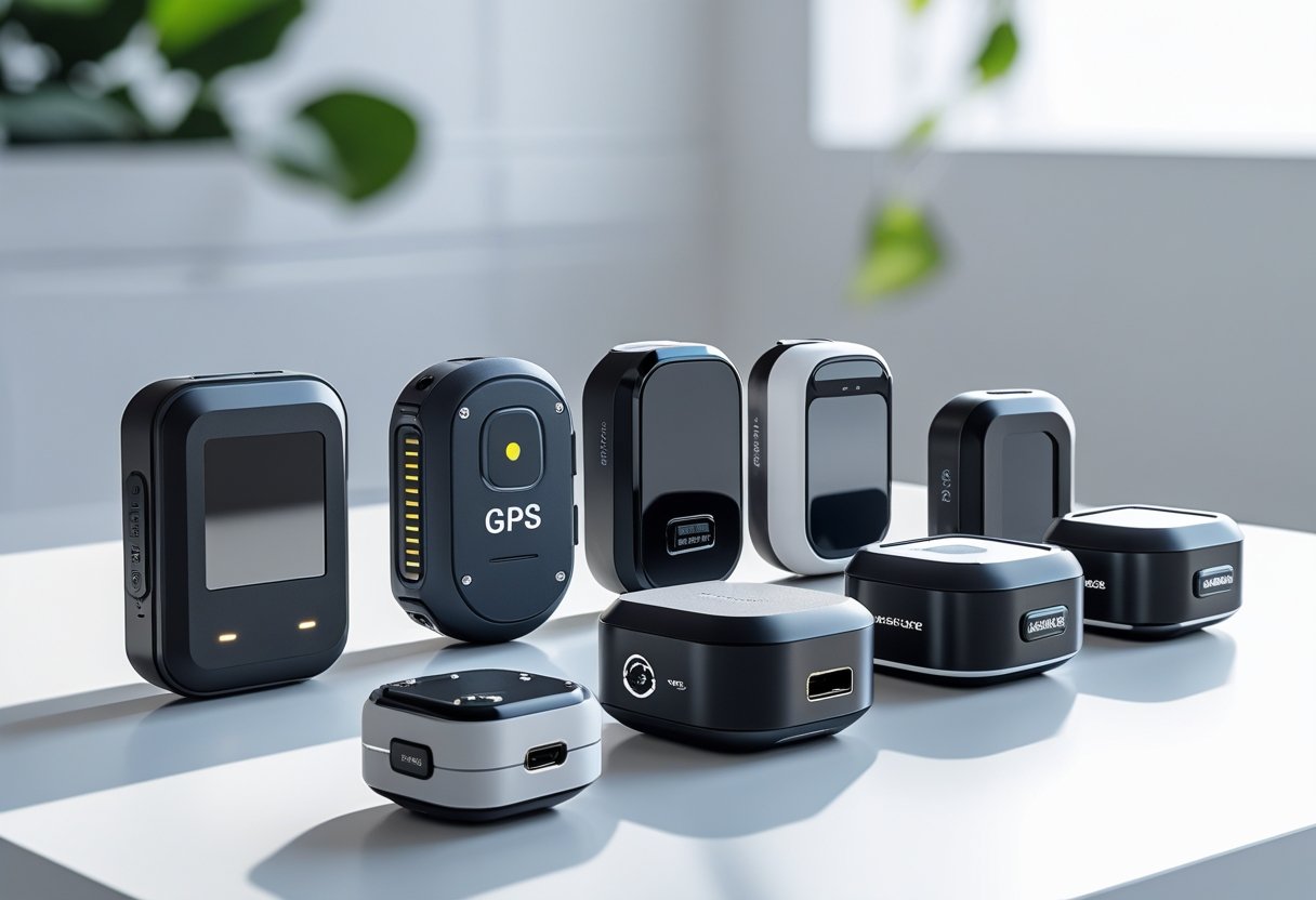 A close-up view of several small GPS trackers arranged on a white surface.