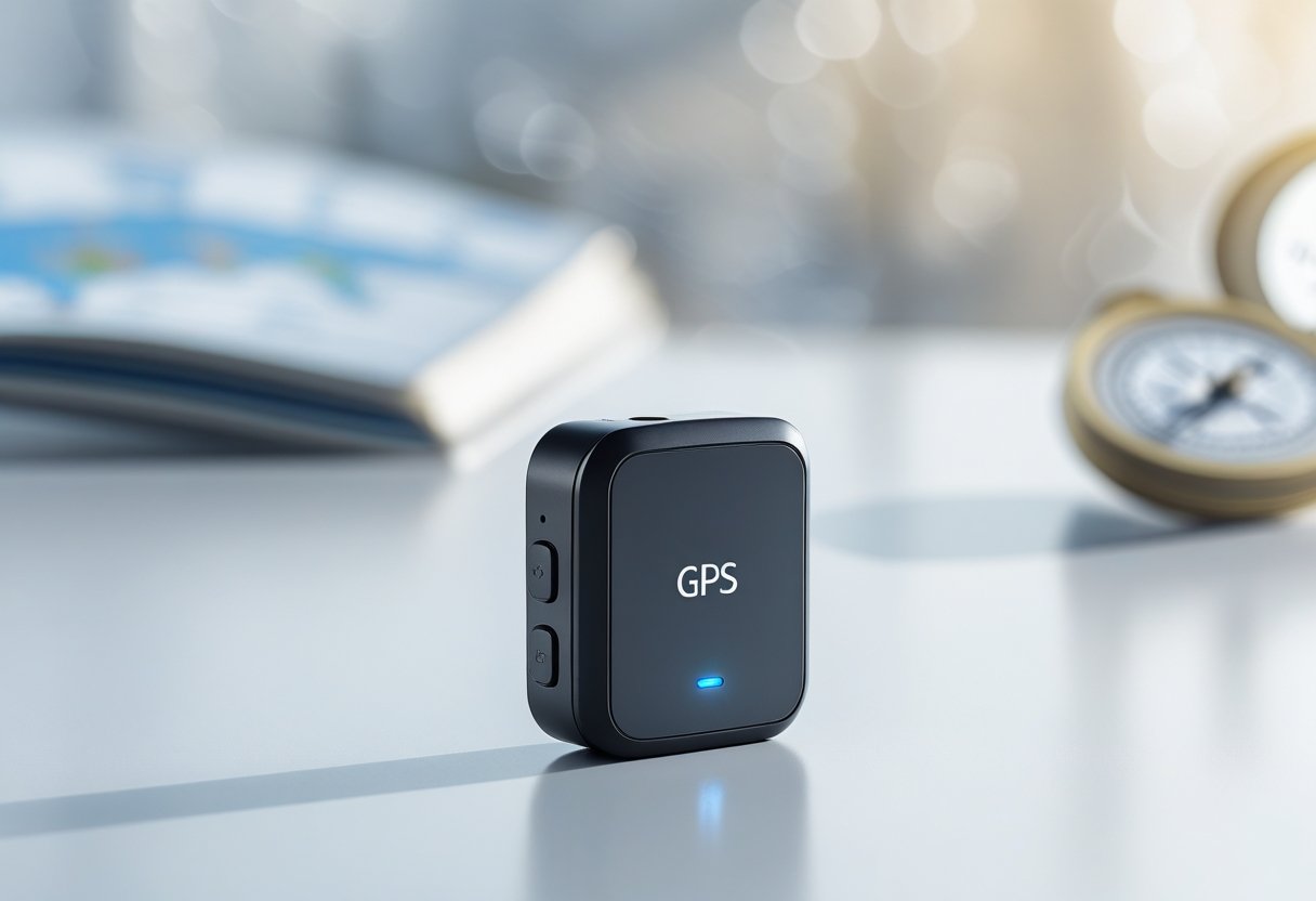 A small GPS tracker device placed on a white surface with a blurred map in the background.