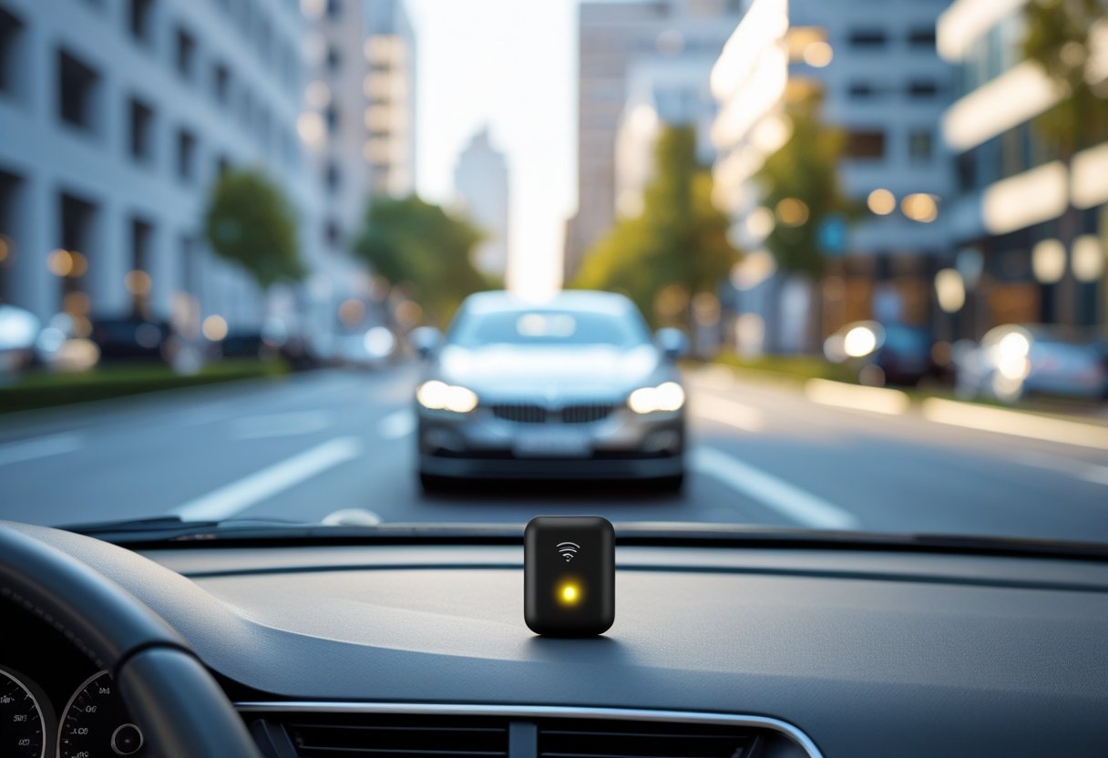 A modern car parked on a city street with a small GPS tracking device visible on the dashboard through the windshield.