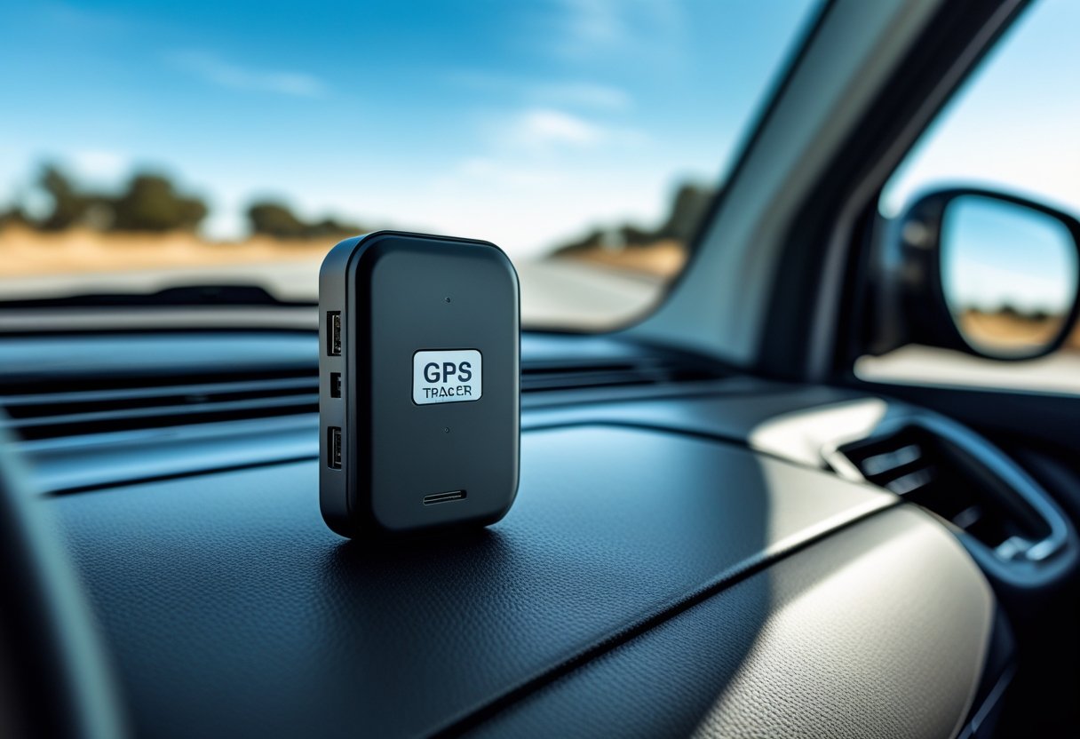 A GPS tracker device placed on a car dashboard with a view of the steering wheel and road outside the windshield.