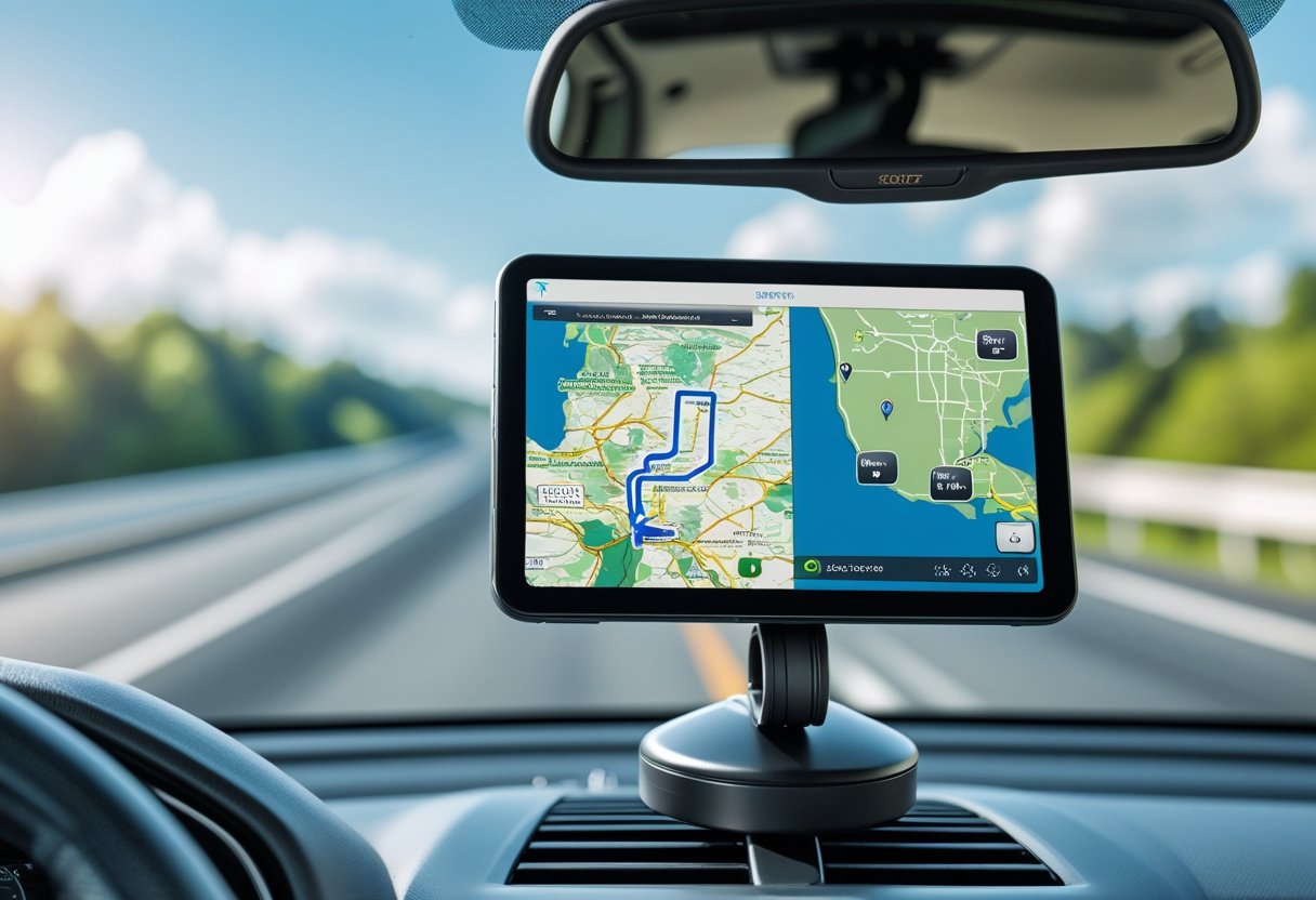 Close-up of a car dashboard showing a GPS device with a digital map and route, with a highway and trees visible through the windshield.