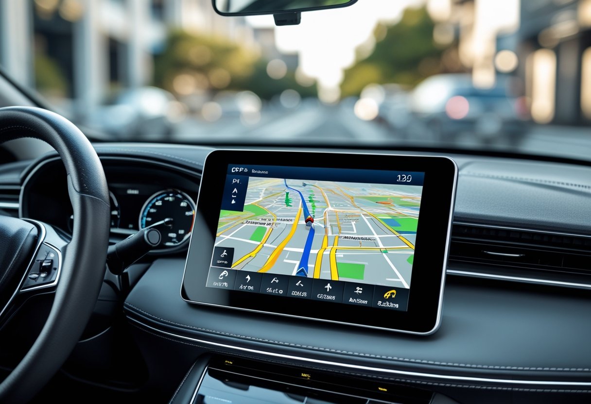 Car dashboard with a GPS tracking system displaying a digital map and route, with a driver’s hand on the steering wheel and a blurred street outside the window.