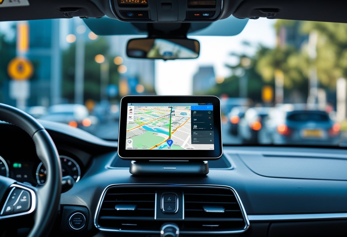 Car dashboard with a GPS tracking device displaying a map and route, viewed from inside a car on a city street.