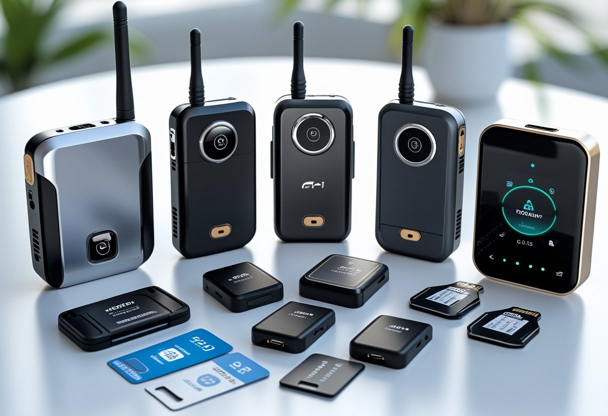 A collection of car tracker devices and accessories arranged on a white surface.