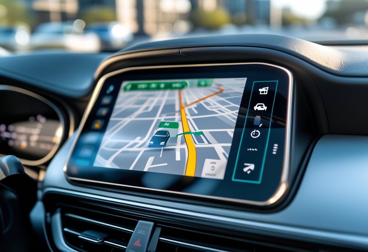 Close-up of a car dashboard showing a GPS navigation screen with a map and route highlighted.