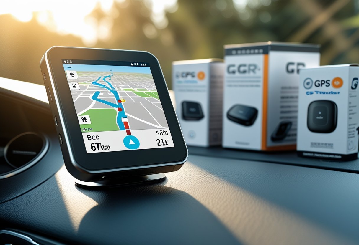Car dashboard with a GPS tracking device displaying a map, surrounded by branded GPS tracker packaging boxes inside a car.