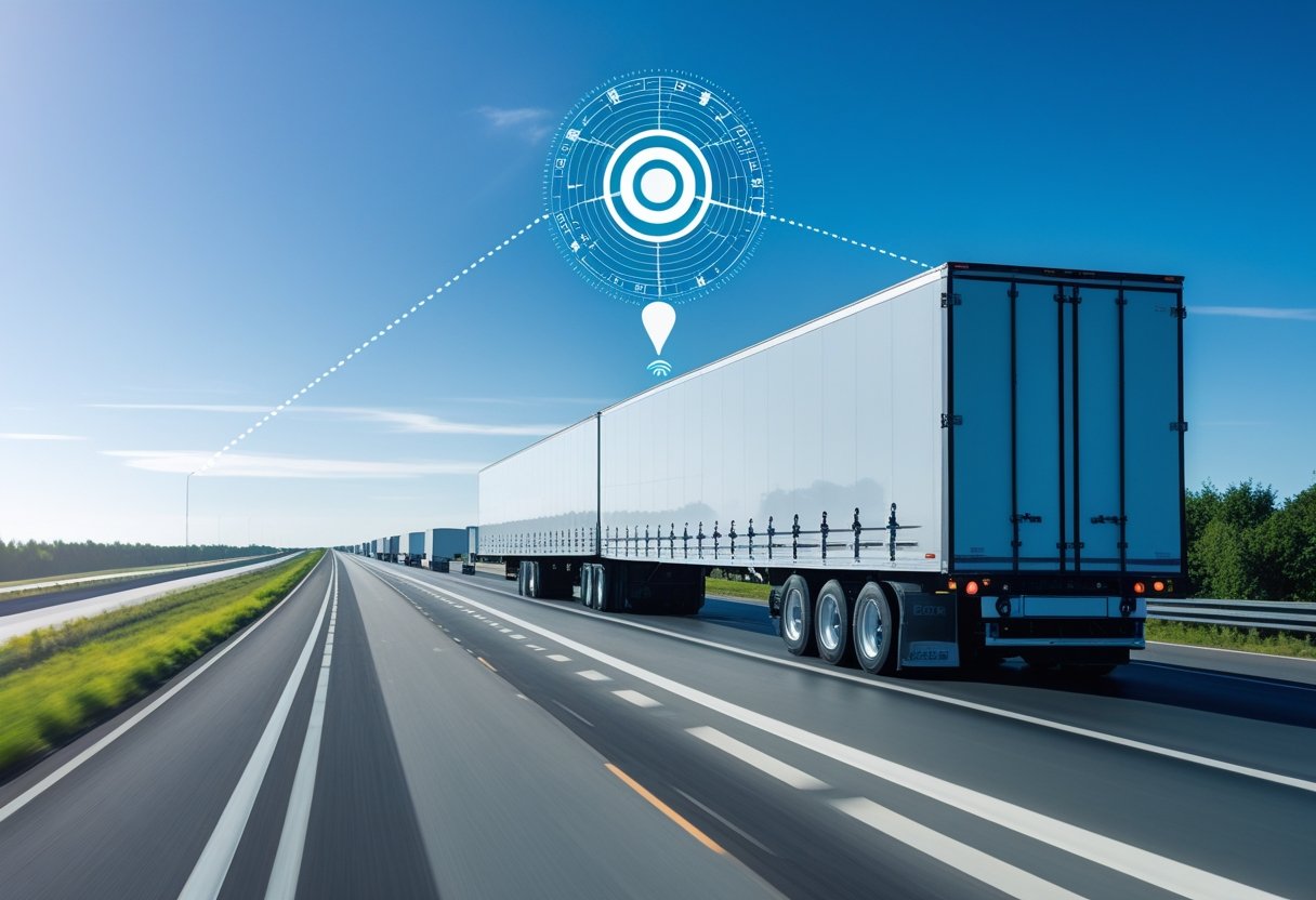 A semi-trailer truck driving on a highway with a digital overlay showing GPS satellite tracking the trailer.