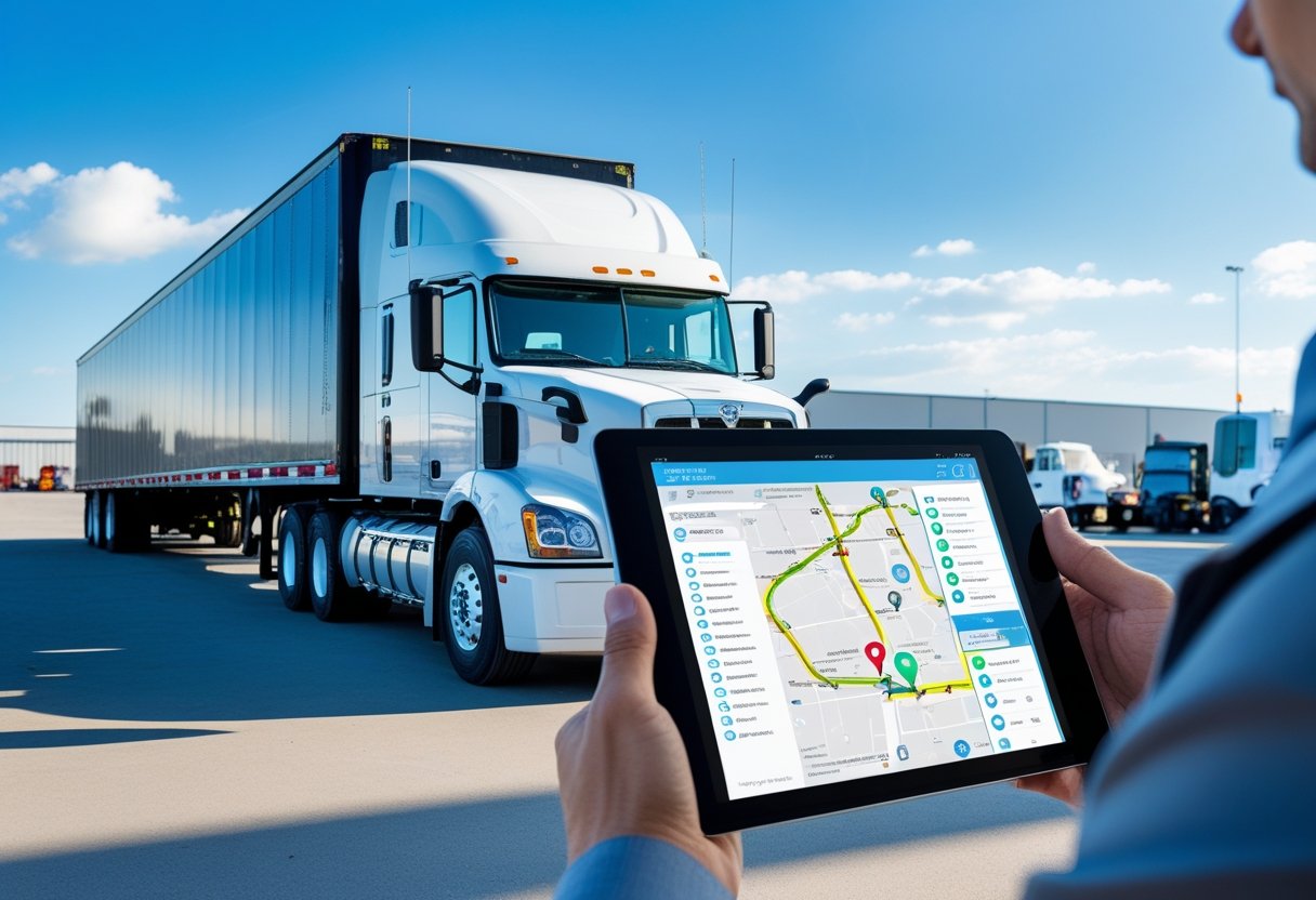 A person holding a tablet showing a GPS map in front of a semi-trailer truck at an industrial logistics area.