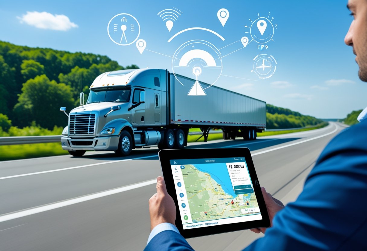 A semi-truck driving on a highway with a logistics professional holding a tablet showing a map with tracking data.