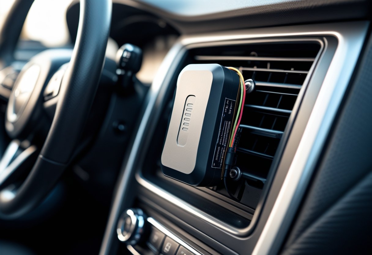 Close-up of an automobile tracking device installed inside a car near the dashboard and steering wheel.