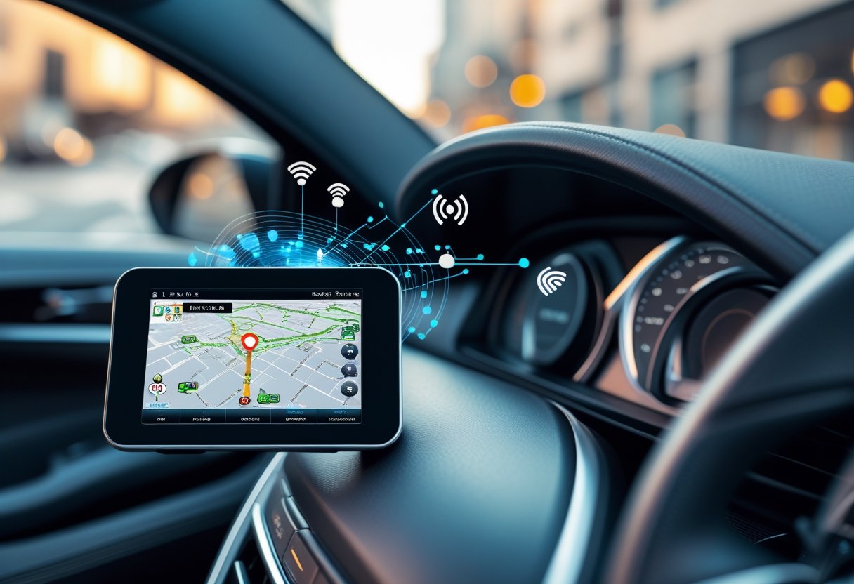 Car dashboard with a GPS tracking device displaying a digital map and location markers, showing automobile tracking features.