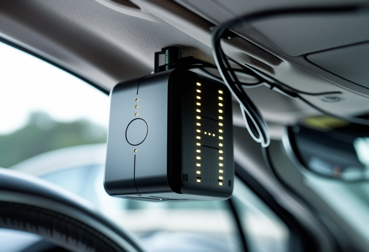 Close-up view of a small automobile tracking device installed under a car dashboard near the steering wheel.