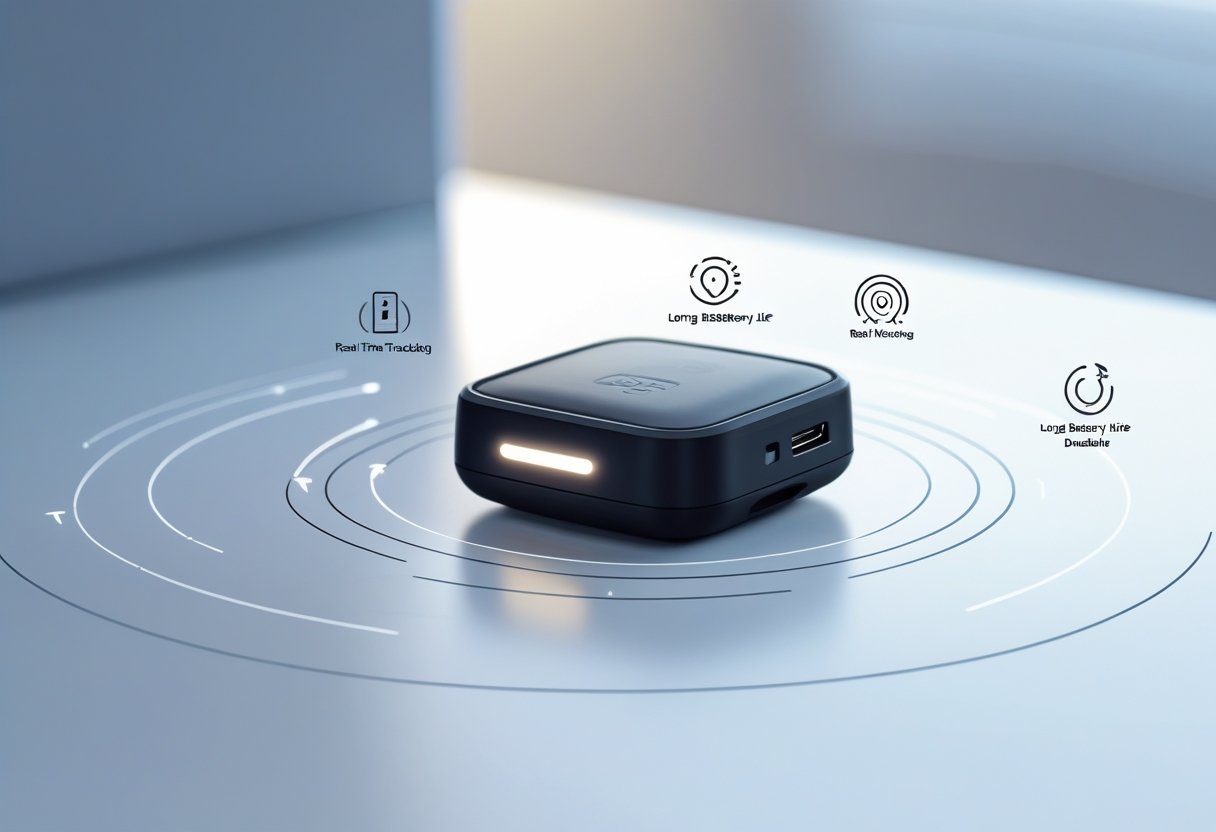 A small, sleek mini GPS tracking device on a white surface with digital map and signal icons in the background.
