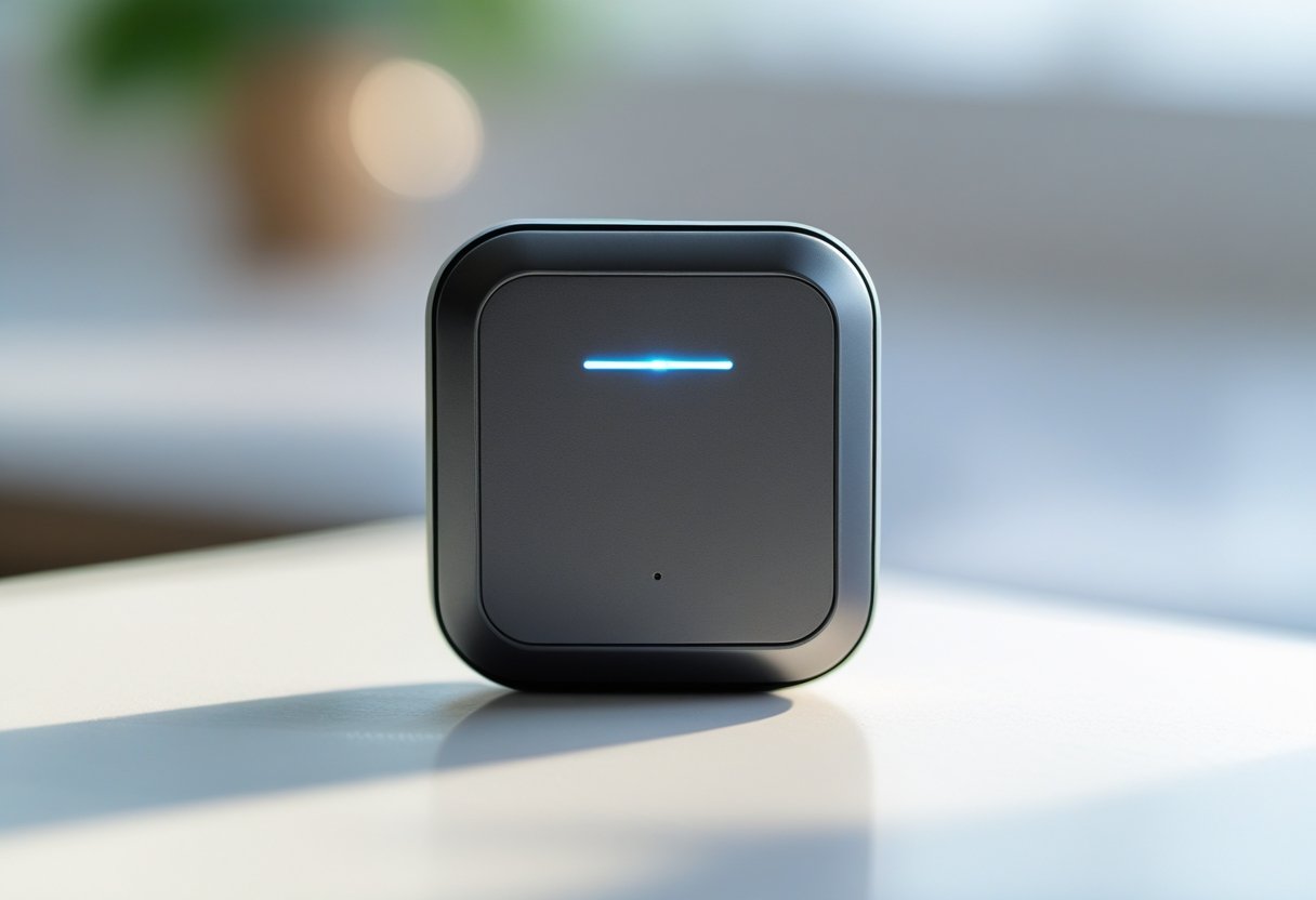 A small, modern mini GPS tracking device on a white surface with a blurred background.